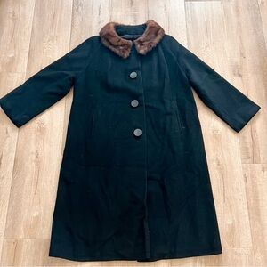 VINTAGE Women’s Black Exclusive Quality 100% Cashmere Coat Real Fox Fur Collar M